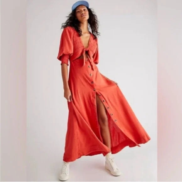 long black a line dress with sleeves Long Sleeve Tie Back A-Line Dress, Red / XS main image 0